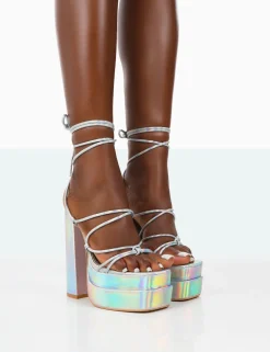 Public Desire Glow Girl Holographic Pu Lace Up Platform High Heels | Women Platform Heels