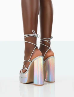 Public Desire Glow Girl Holographic Pu Lace Up Platform High Heels | Women Platform Heels