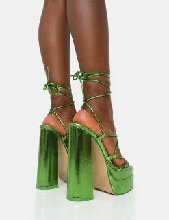 Public Desire Glow Girl Mirror Lace Up Platform High Heels | Women Lace Up Heels