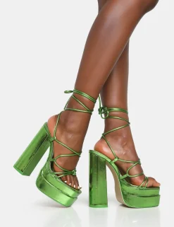 Public Desire Glow Girl Mirror Lace Up Platform High Heels | Women Lace Up Heels