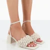 Public Desire Got This Natural Linen Woven Square Toe Block Mid Heeled Mule Sandals | Women Square Toe Heels