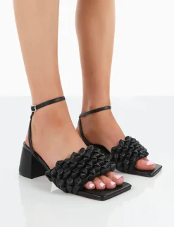 Public Desire Got This Pu Woven Square Toe Block Mid Heeled Mule Sandals | Women Square Toe Heels