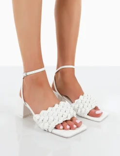 Public Desire Got This Pu Woven Square Toe Block Mid Heeled Mule Sandals | Women Square Toe Heels