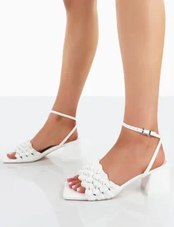 Public Desire Got This Pu Woven Square Toe Block Mid Heeled Mule Sandals | Women Square Toe Heels