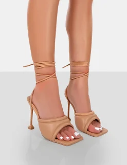 Public Desire Gracie Pu Square Peep Toe Lace Up Stiletto Heels | Women Stilettos