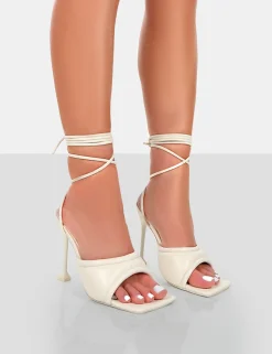 Public Desire Gracie Pu Square Peep Toe Lace Up Stiletto Heels | Women Stilettos