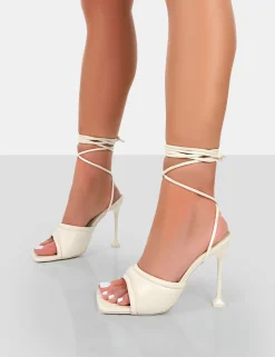 Public Desire Gracie Pu Square Peep Toe Lace Up Stiletto Heels | Women Stilettos