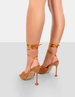Public Desire Gracie Satin Square Peep Toe Lace Up Stiletto Heels | Women Stilettos
