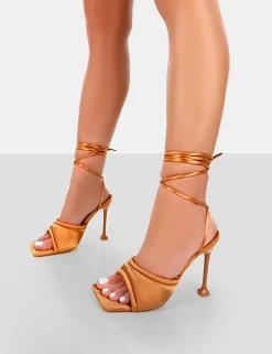 Public Desire Gracie Satin Square Peep Toe Lace Up Stiletto Heels | Women Stilettos