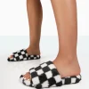 Public Desire Happy And White Checkerboard Fluffy Faux Fur Slider Slippers | Women Sliders
