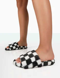 Public Desire Happy And White Checkerboard Fluffy Faux Fur Slider Slippers | Women Sliders