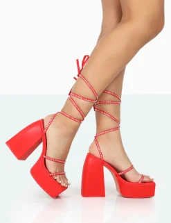 Public Desire Helena Grain Pu Sparkly Diamante Chunky Square Toe Platform Heel Block Heels | Women Square Toe Heels