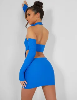 Public Desire High Neck Cut Away Long Sleeve Mini Dress Cobalt | Women Dresses
