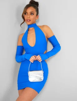Public Desire High Neck Cut Away Long Sleeve Mini Dress Cobalt | Women Dresses