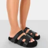 Public Desire Hot Fuzz Borg Cut Out Flat Sandals | Women Black Sandals
