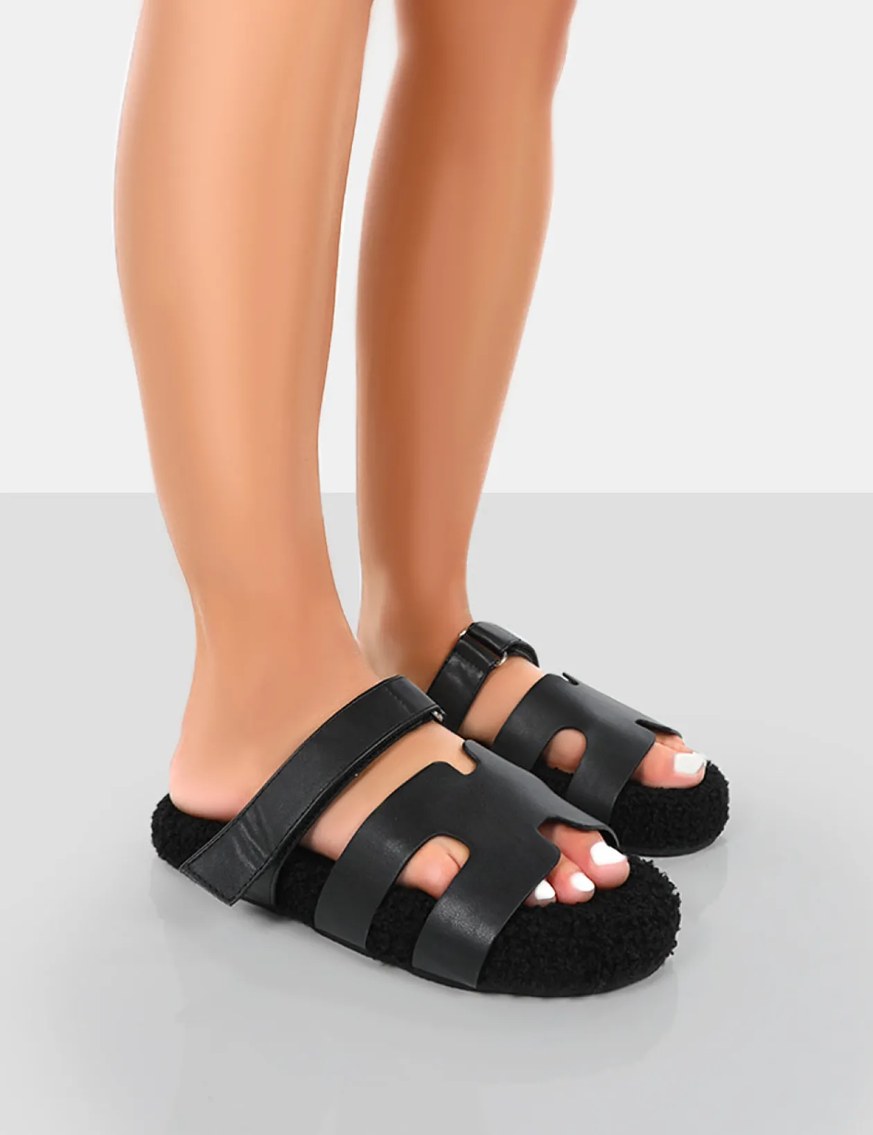 Public Desire Hot Fuzz Borg Cut Out Flat Sandals | Women Black Sandals