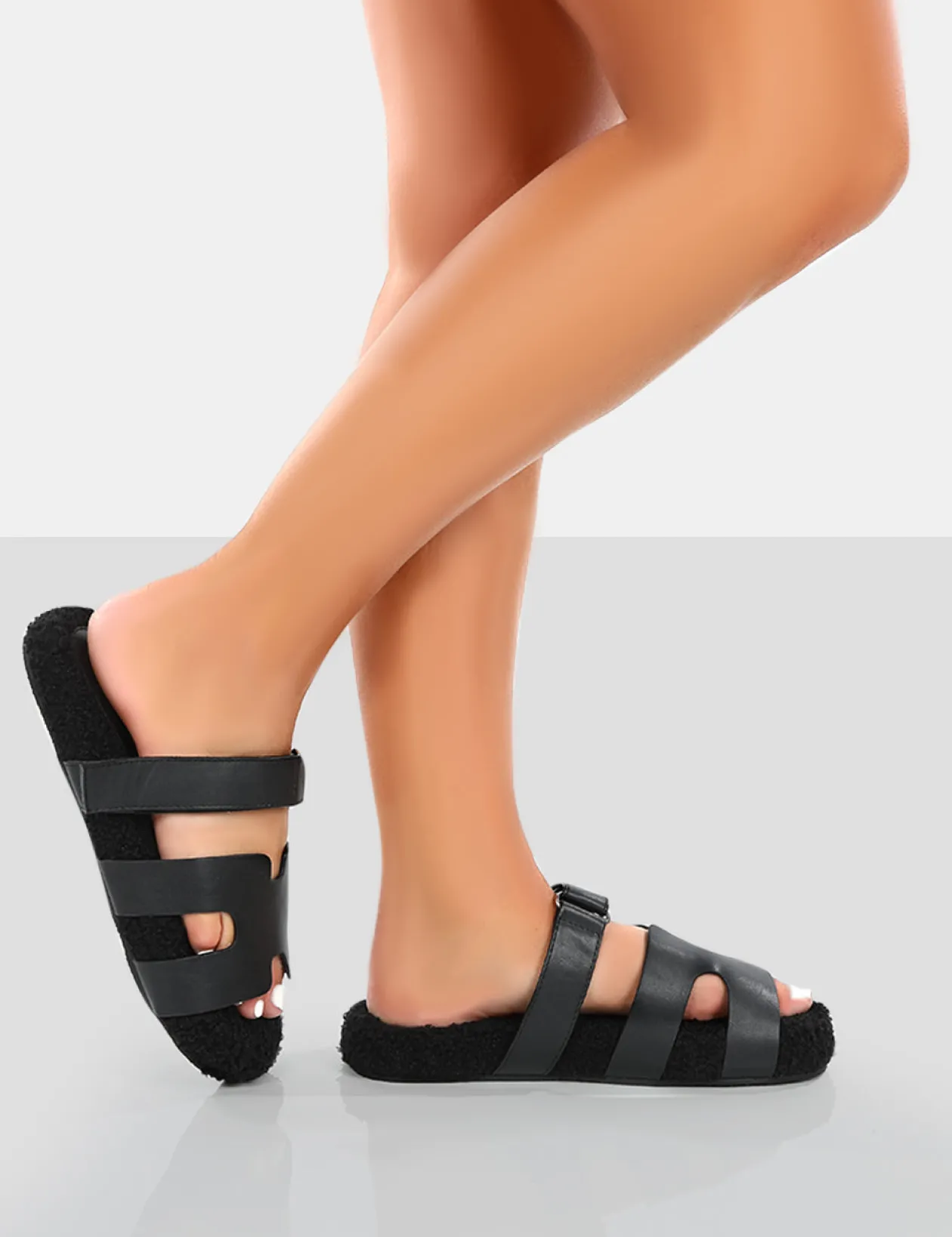 Public Desire Hot Fuzz Borg Cut Out Flat Sandals | Women Black Sandals
