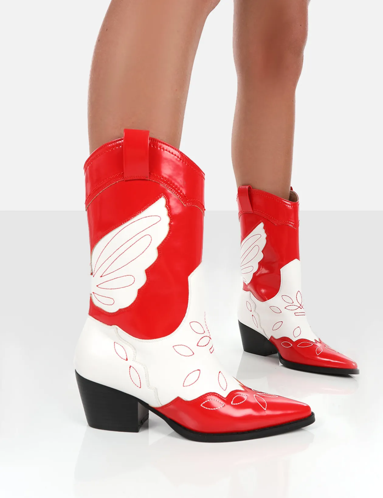 Public Desire Howdy Patent Pointed Toe Western Cowboy Block Ankle Boots | Women Western Boots