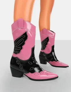 Public Desire Howdy Patent Pointed Toe Western Cowboy Block Ankle Boots | Women Western Boots