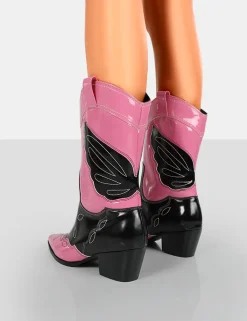 Public Desire Howdy Patent Pointed Toe Western Cowboy Block Ankle Boots | Women Western Boots