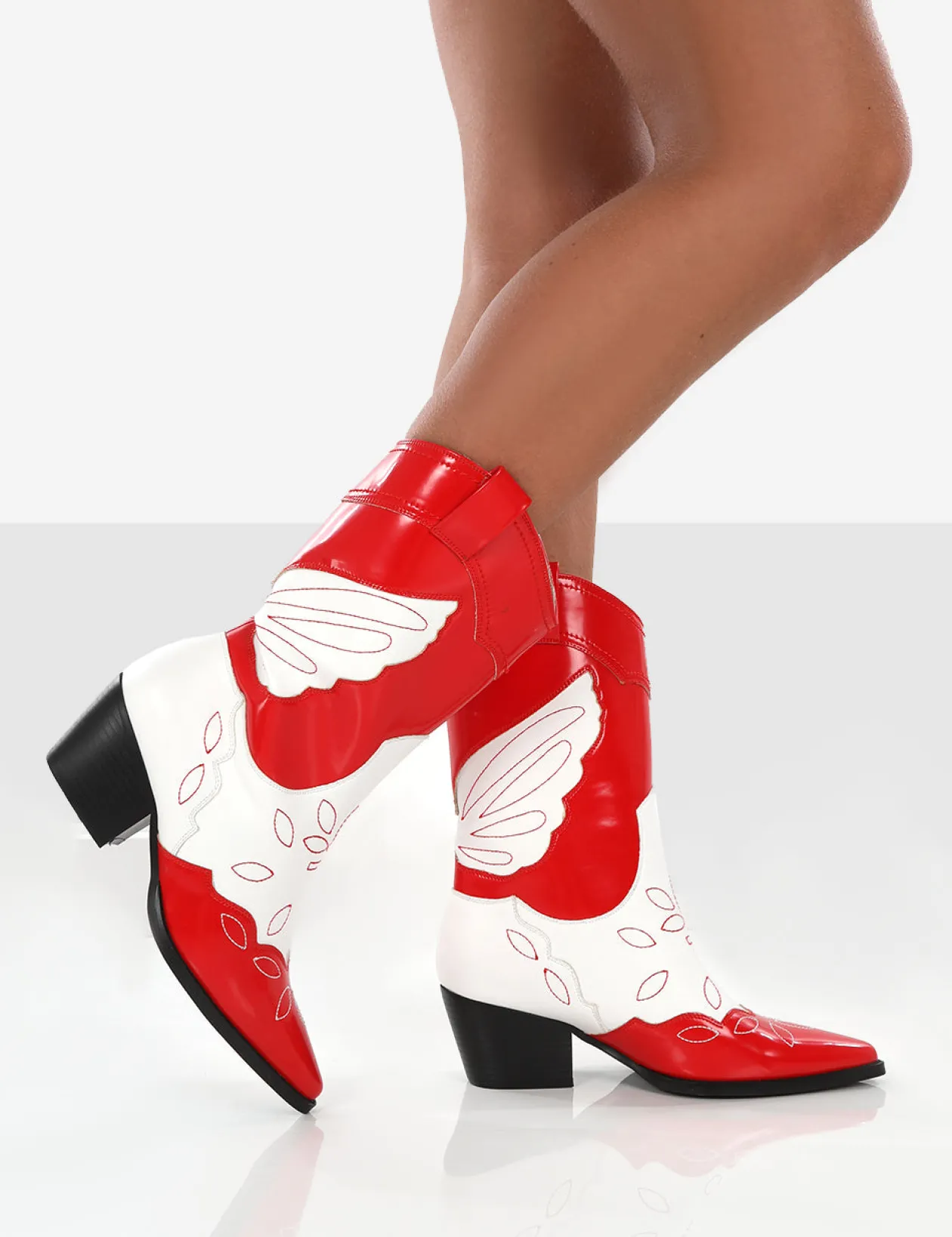 Public Desire Howdy Patent Pointed Toe Western Cowboy Block Ankle Boots | Women Western Boots
