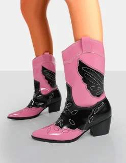 Public Desire Howdy Patent Pointed Toe Western Cowboy Block Ankle Boots | Women Western Boots