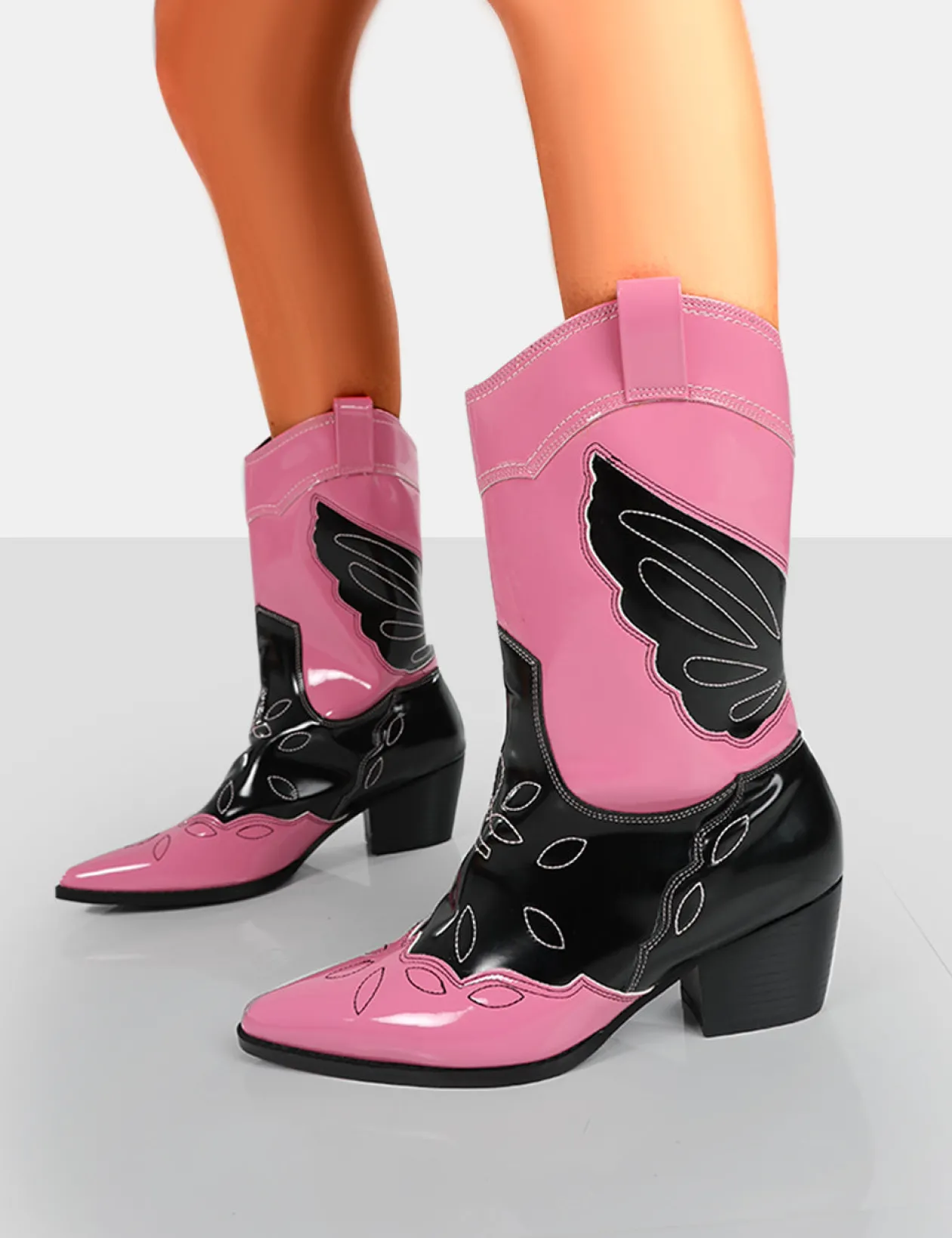 Public Desire Howdy Patent Pointed Toe Western Cowboy Block Ankle Boots | Women Western Boots
