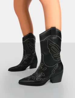 Public Desire Howdy Pu Pointed Toe Western Cowboy Block Ankle Boots | Women Western Boots