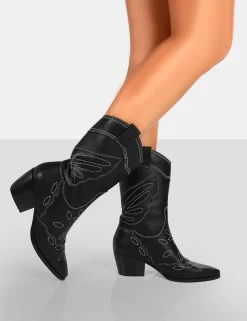Public Desire Howdy Pu Pointed Toe Western Cowboy Block Ankle Boots | Women Western Boots