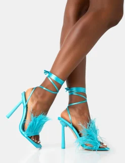 Public Desire Iconic Bright Satin Feather Detail Square Toe High Heels | Women Stilettos