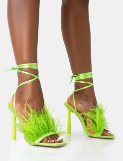 Public Desire Iconic Satin Feather Detail Square Toe High Heels | Women Stilettos