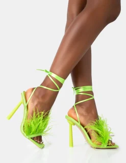 Public Desire Iconic Satin Feather Detail Square Toe High Heels | Women Stilettos