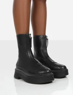 Public Desire Indigo Pu Platform Chunky Sole Zip Through Ankle Boot | Women Ankle Boots