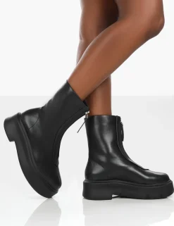 Public Desire Indigo Pu Platform Chunky Sole Zip Through Ankle Boot | Women Ankle Boots
