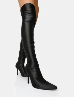 Public Desire Instinct Lycra Pointed Toe Stiletto Thigh High Boots | Women Over The Knee Boots
