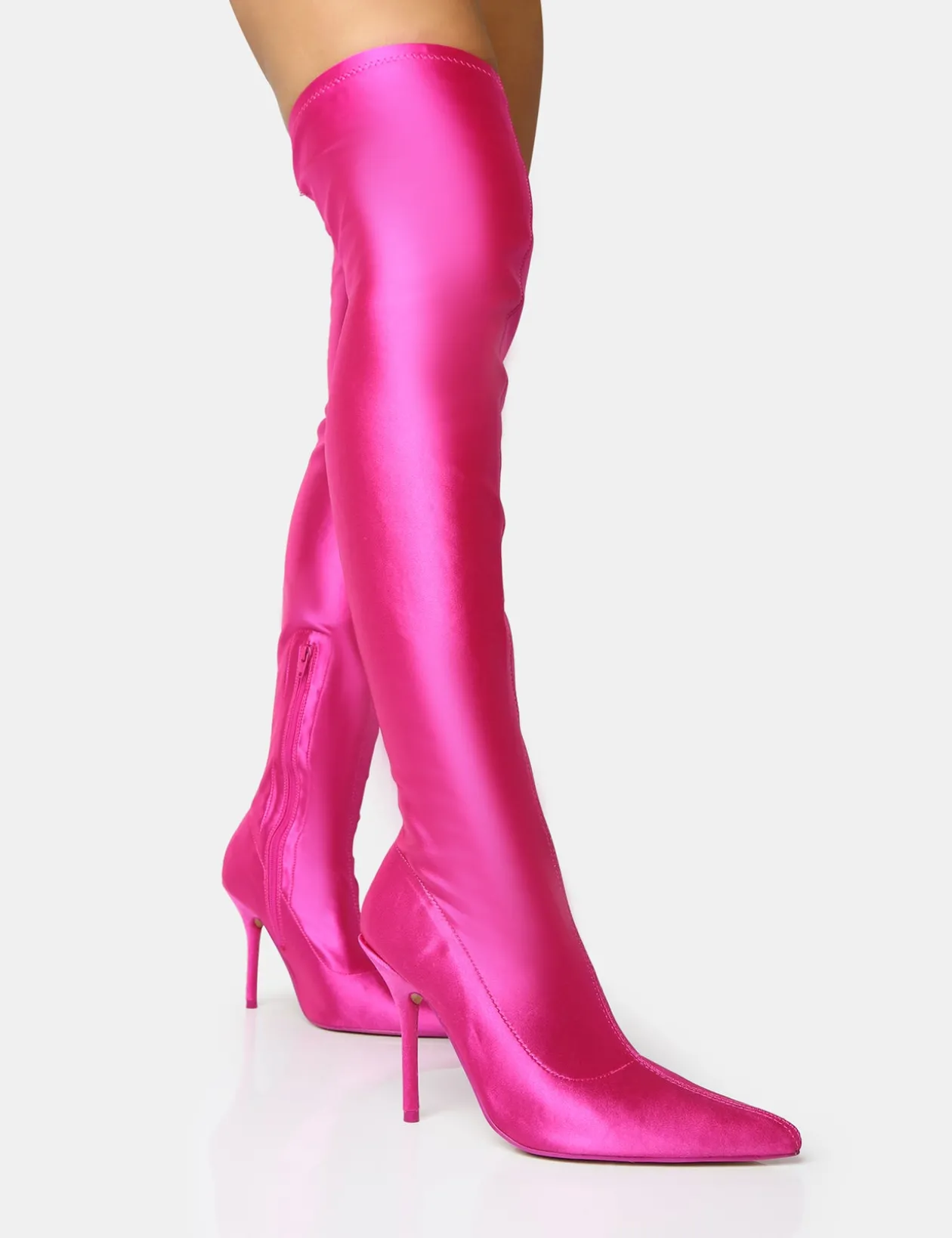 Public Desire Instinct Lycra Pointed Toe Stiletto Thigh High Boots | Women Over The Knee Boots