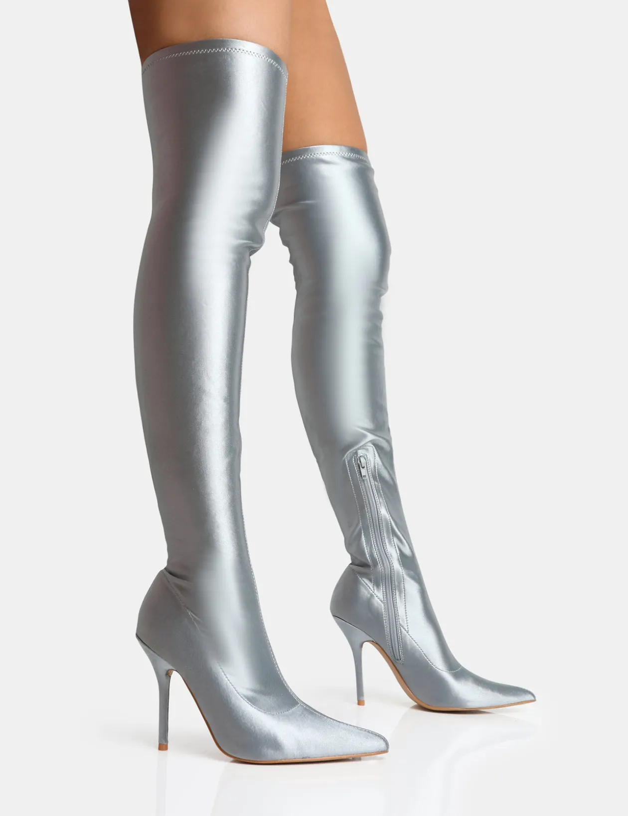 Public Desire Instinct Silver Lycra Pointed Toe Stiletto Thigh High Boots | Women Over The Knee Boots