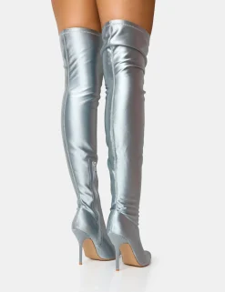 Public Desire Instinct Silver Lycra Pointed Toe Stiletto Thigh High Boots | Women Over The Knee Boots