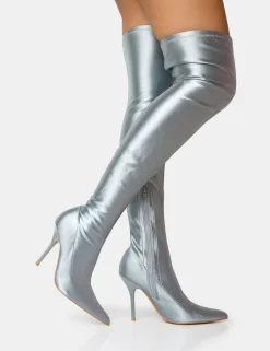 Public Desire Instinct Silver Lycra Pointed Toe Stiletto Thigh High Boots | Women Over The Knee Boots