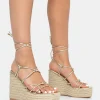 Public Desire Islander Lace Up Square Toe High Heeled Sandal Esparille Wedges | Women Wedges