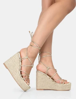 Public Desire Islander Lace Up Square Toe High Heeled Sandal Esparille Wedges | Women Wedges