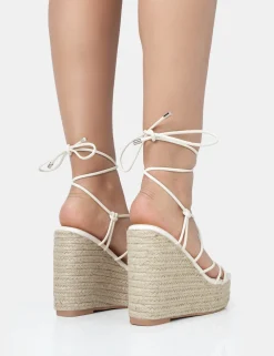 Public Desire Islander Lace Up Square Toe High Heeled Sandal Esparille Wedges | Women Wedges