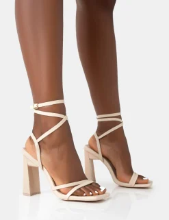 Public Desire Ives Pu Strappy Lace Up Square Toe Slim Block Heels | Women Square Toe Heels