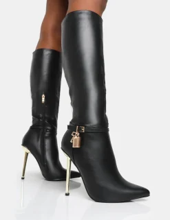 Public Desire Jayden Pu Padlock Detail Pointed Toe Gold Stiletto Heel Knee High Boots | Women Knee High Boots