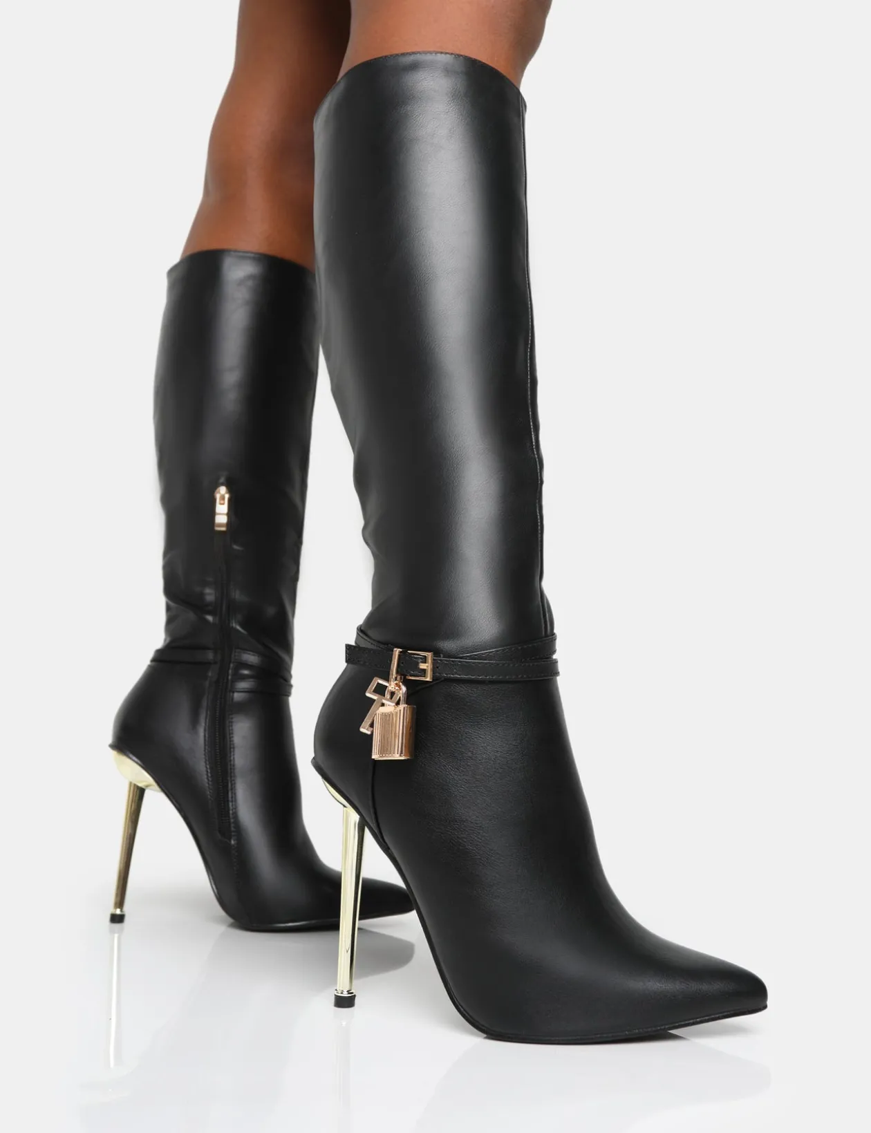 Public Desire Jayden Pu Padlock Detail Pointed Toe Gold Stiletto Heel Knee High Boots | Women Knee High Boots