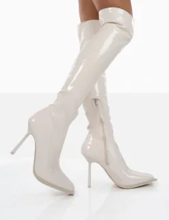 Public Desire Jenine Ecru Patent Over The Knee Stiletto Heeled Boots | Women Knee High Boots