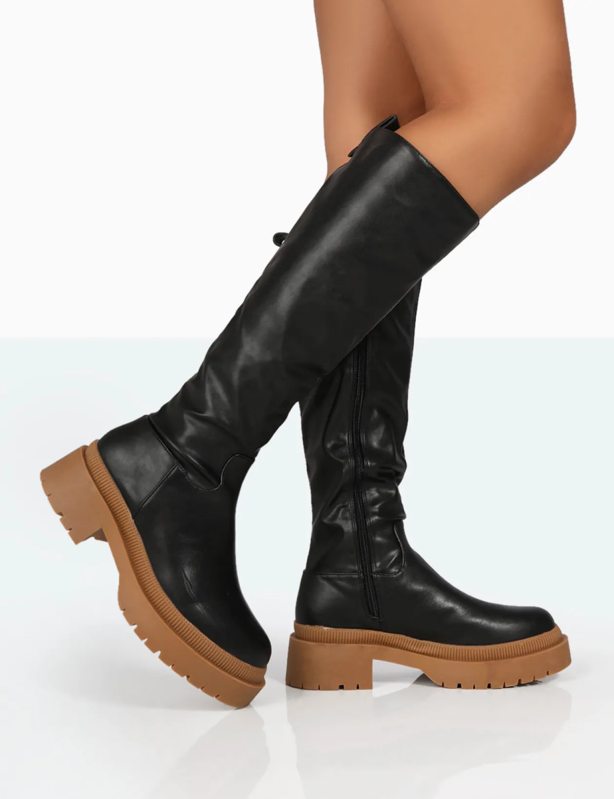 Public Desire Jersey Pu Contrasting Chunky Sole Knee High Boots | Women Knee High Boots