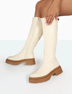 Public Desire Jersey Pu Contrasting Chunky Sole Knee High Boots | Women Knee High Boots