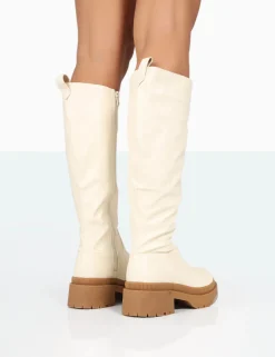 Public Desire Jersey Pu Contrasting Chunky Sole Knee High Boots | Women Knee High Boots