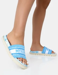 Public Desire Jet Set Embroidered Mykonos Print Slider Sandals | Women Sliders